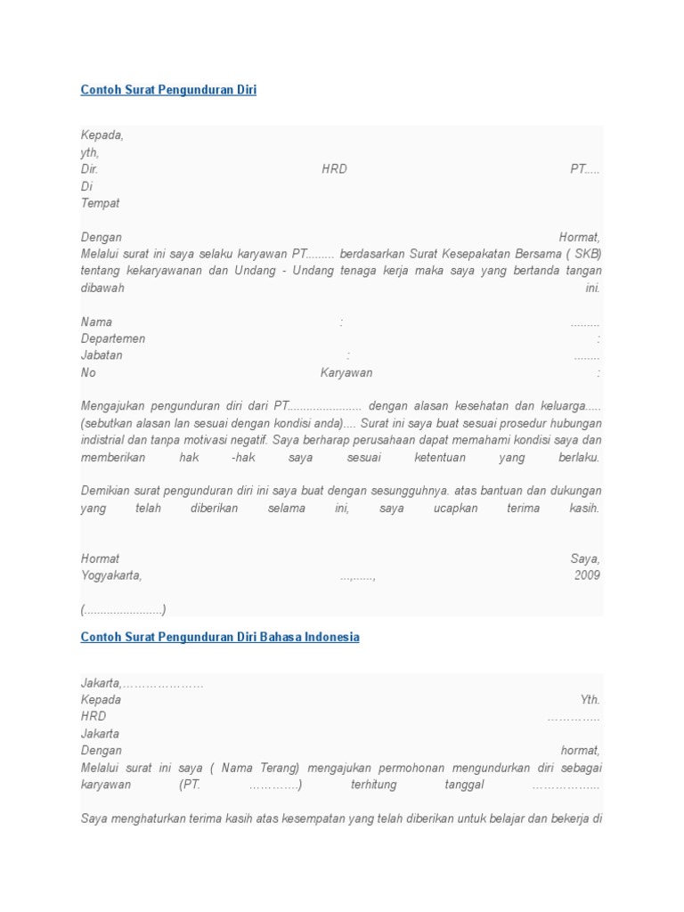 Contoh Surat Pengunduran Diri