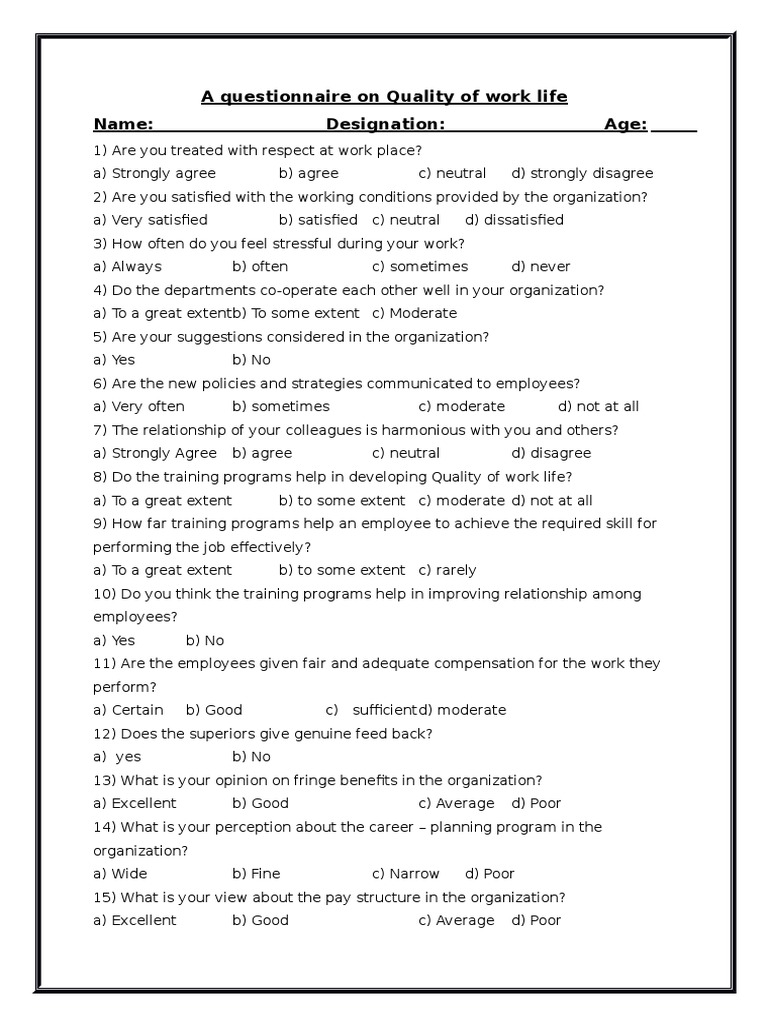 Quality of Work Life Questionnaire | PDF