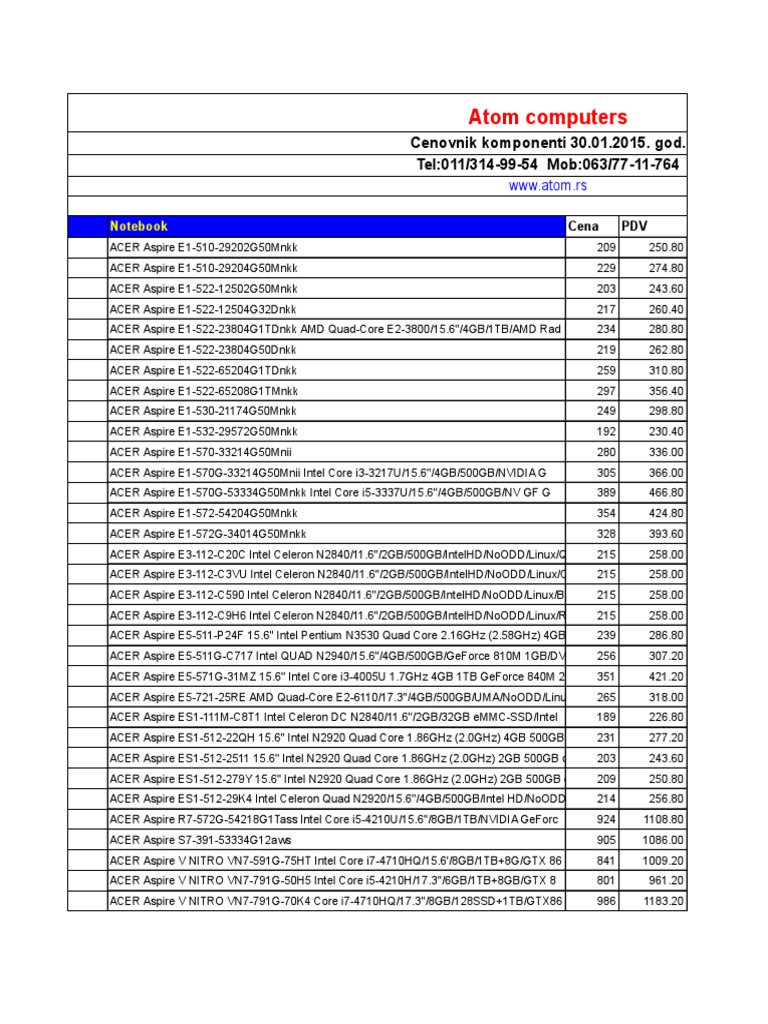 Atom Cenovnik 2015-01-30 | PDF | Computers
