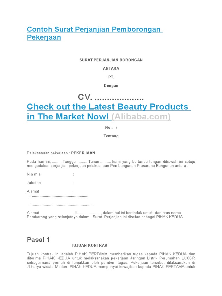 Contoh Surat Perjanjian Pemborongan Pekerjaan