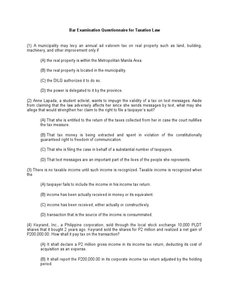 Bar Examination Questionnaire for Taxation Law MCQ (75 Items