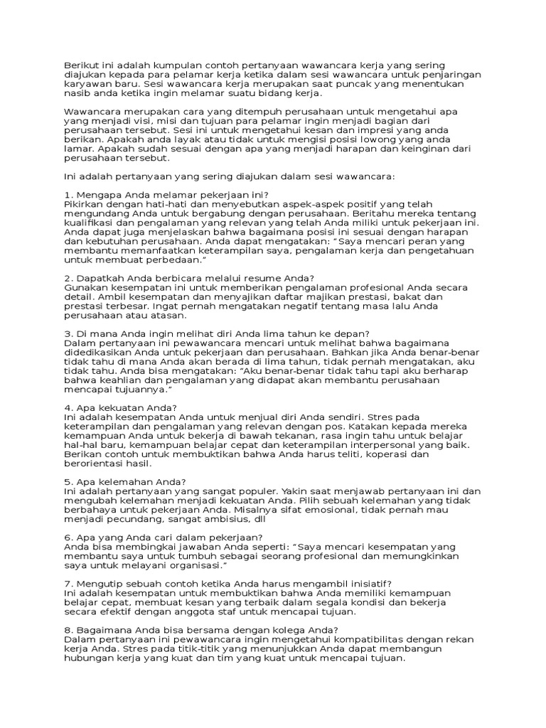 Pertanyaan Dalam Wawancara Kerja Pdf