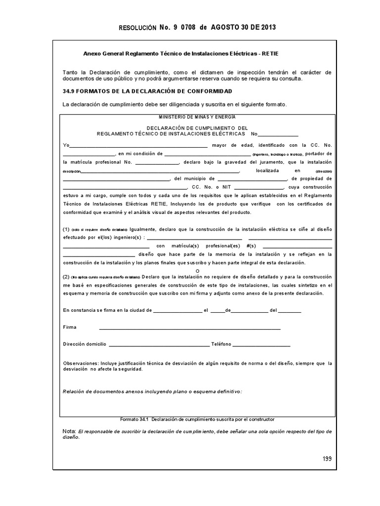 Declaracion de Cumplimiento RETIE 2013 | PDF