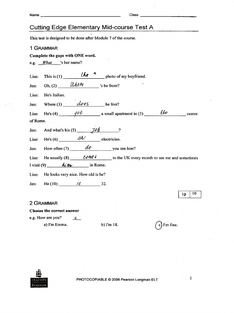 Cutting Edge Series Elementary Mid Course Test