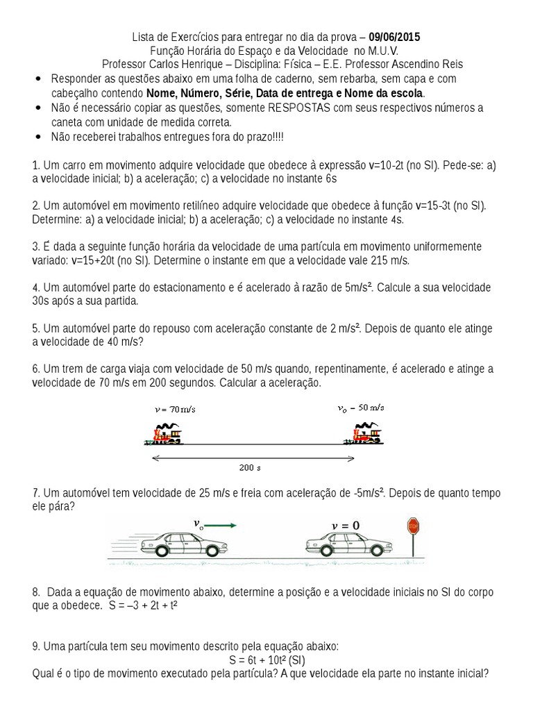 Exercícios de MUV e Função Horária | PDF | Trajetória | Velocidade
