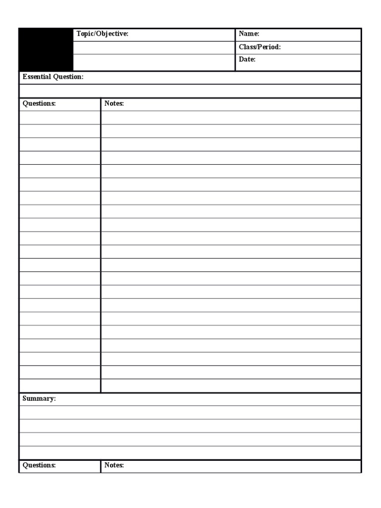Cornell Notes Topic/Objective: Name: Class/Period: Date: Essential ...