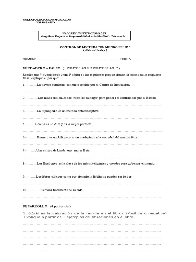 Prueba Un Mundo Feliz | PDF | Filosofía | Libros para adolescentes