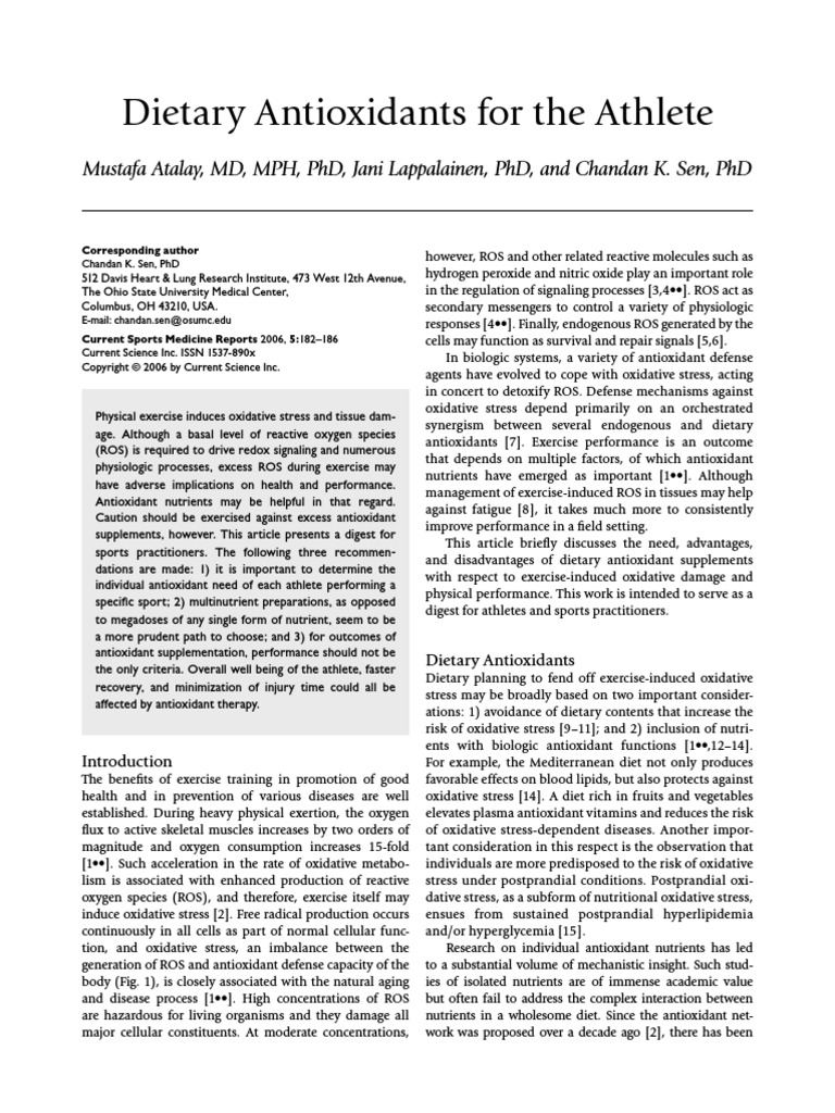 Dietary Antioxidants for the Athlete Antioxidant Reactive Oxygen