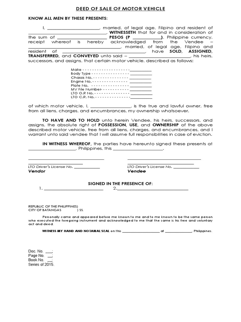 LTO Motor Vehicle Deed of Sale Template | PDF