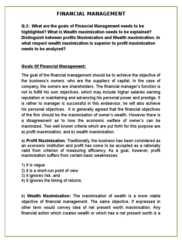 wealth maximization goal of financial management