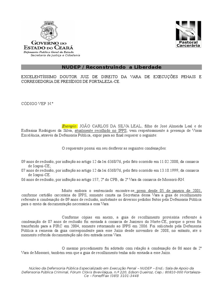Petição para Juiz Da VEP Requisitar Carta de Guia 2010  PDF  Pena de