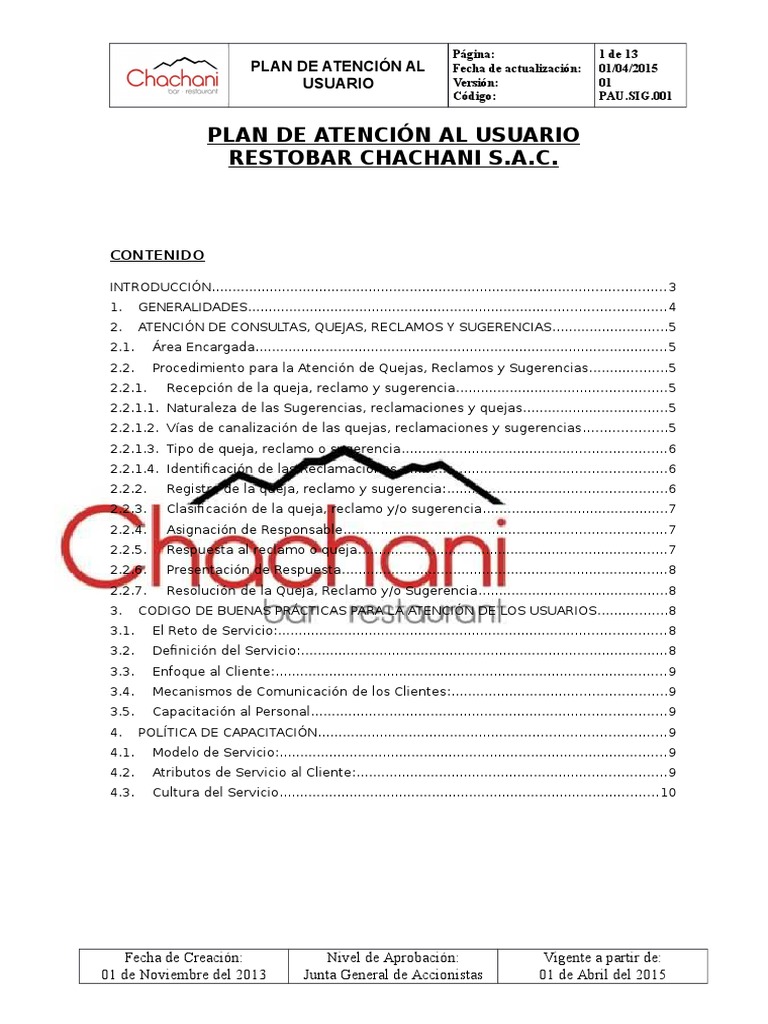 Plan de Atencion Al Cliente RB Chachani | PDF | Business