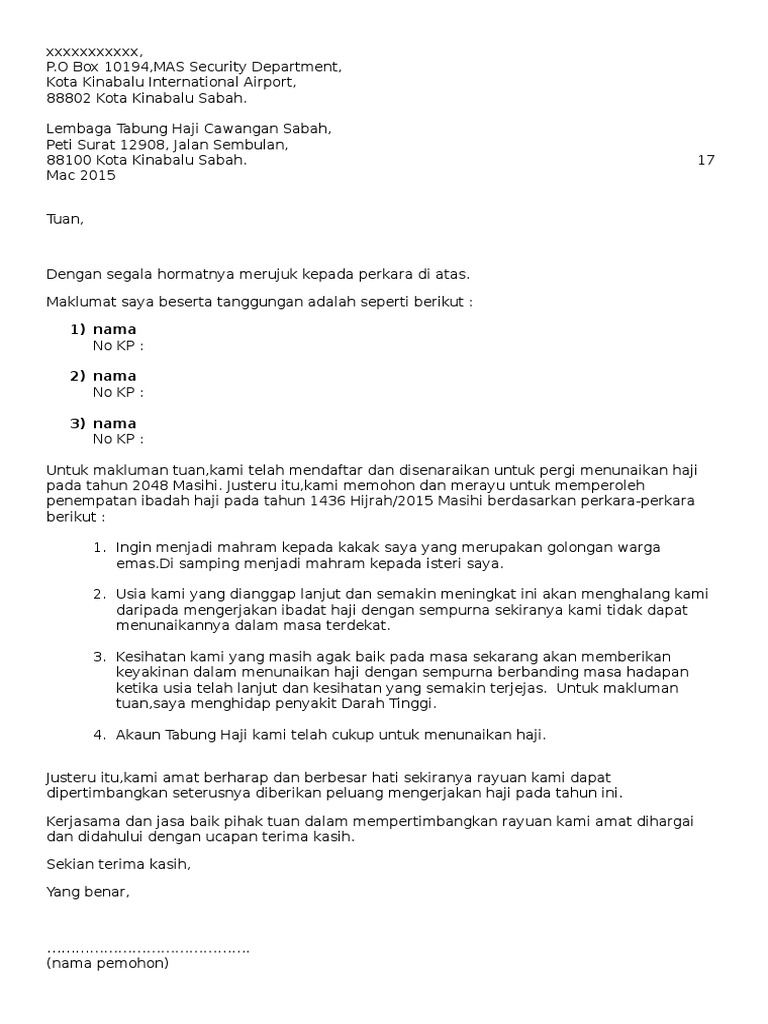 Contoh Surat Rayuan Haji 