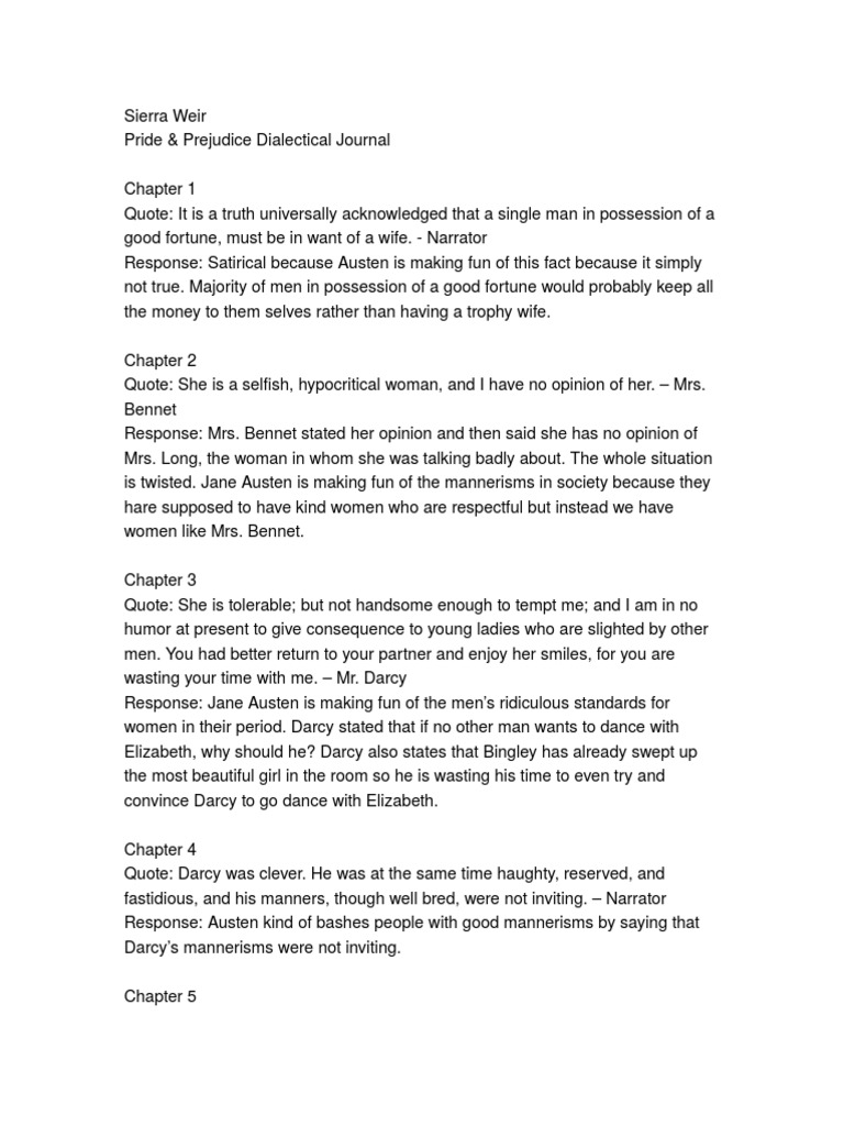 Dialectical Journal | PDF | Pride And Prejudice | Mr. Darcy