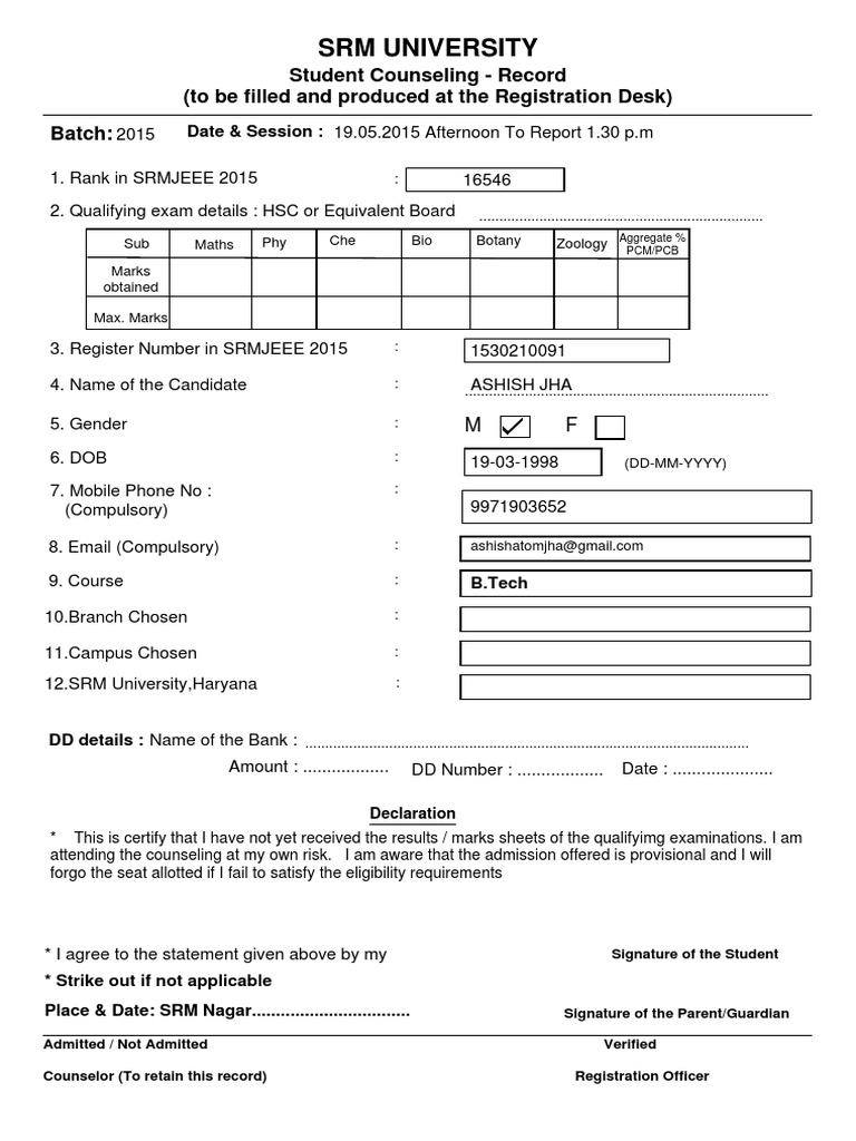 SRM University: Student Counseling - Record (To Be Filled and Produced ...