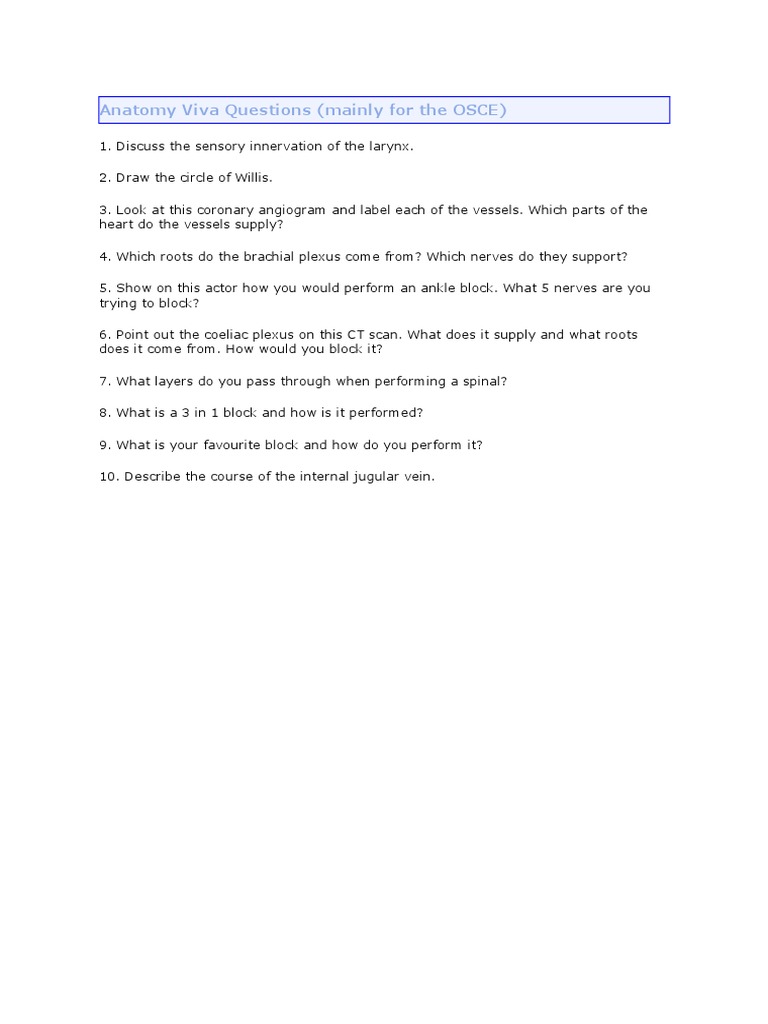 Anatomy Viva Questions PDF Neuroanatomy Medical Specialties