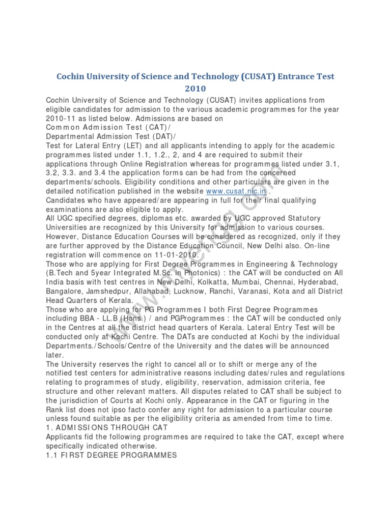 CUSAT 2010 Admissions Guide | PDF | Academic Degree | University And ...