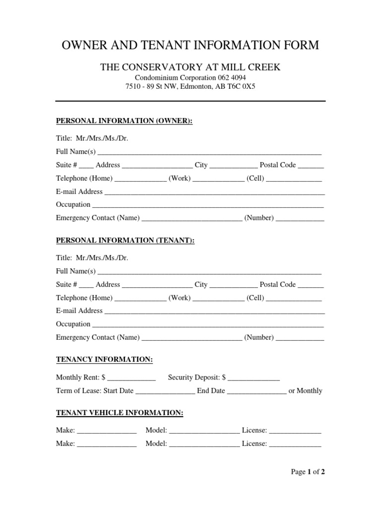 The Conservatory at Mill Creek - Owner and Tenant Information Form | PDF