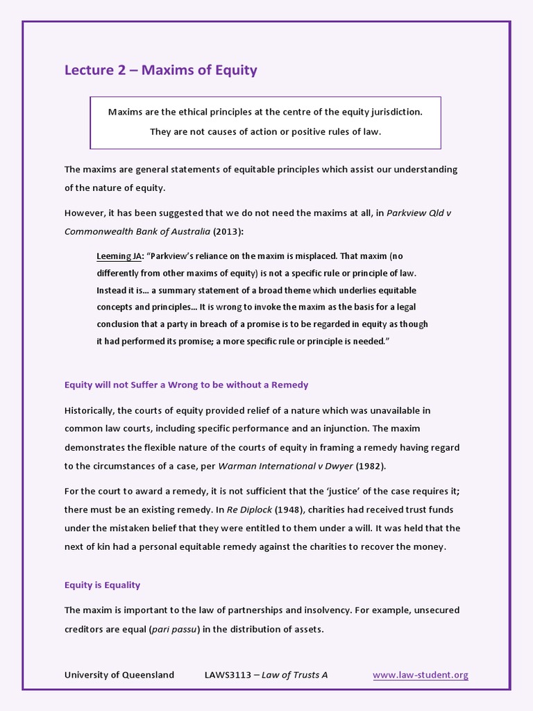 LAWS3113 Lecture 2 - Maxims of Equity | PDF | Equity (Law) | Trust Law