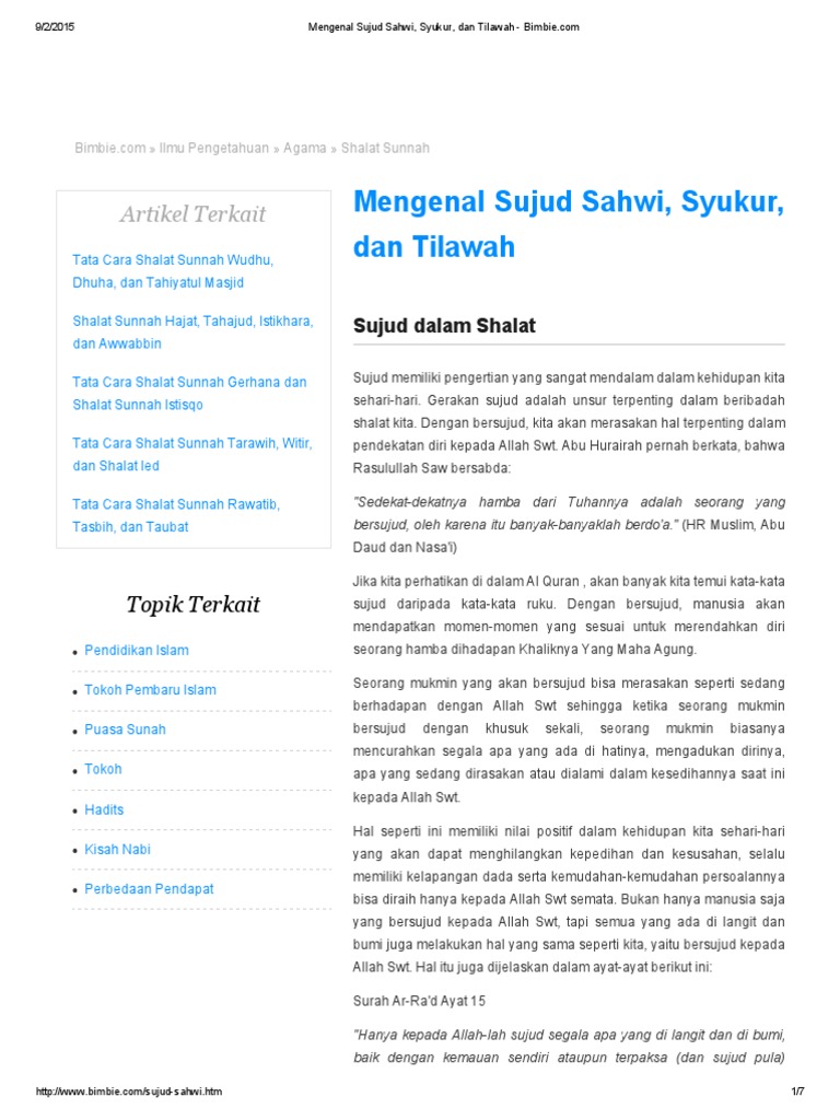Mengenal Sujud Sahwi, Syukur, Dan Tilawah - Bimbie