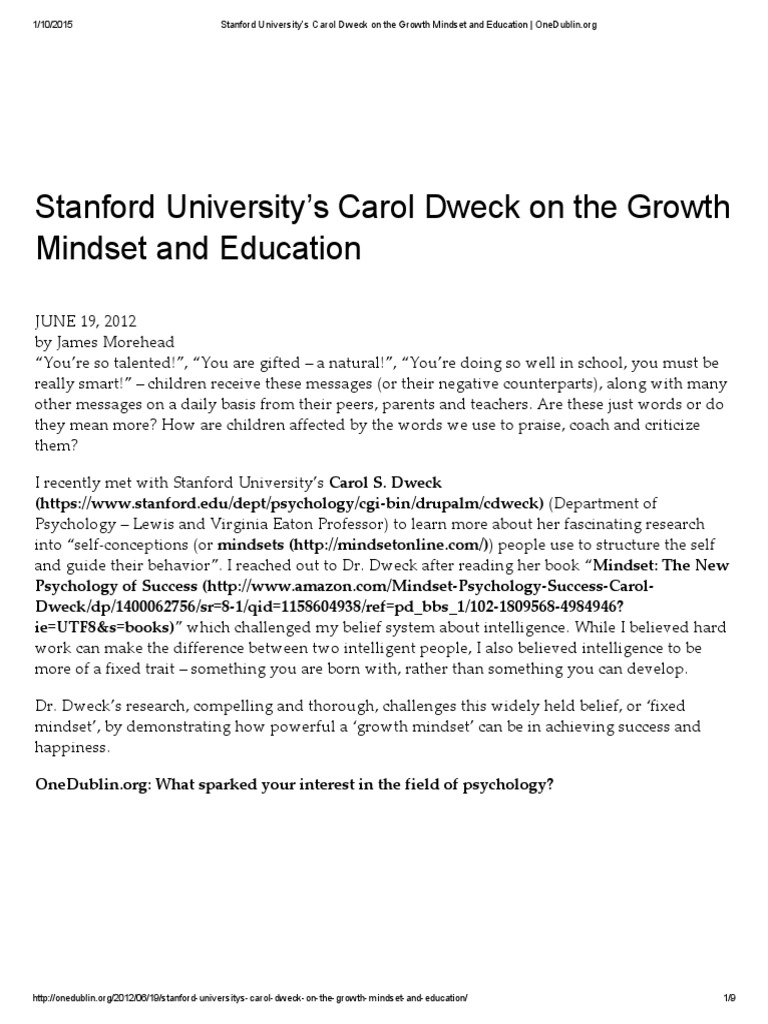 Stanford University S Carol Dweck On The Growth Mindset And Education