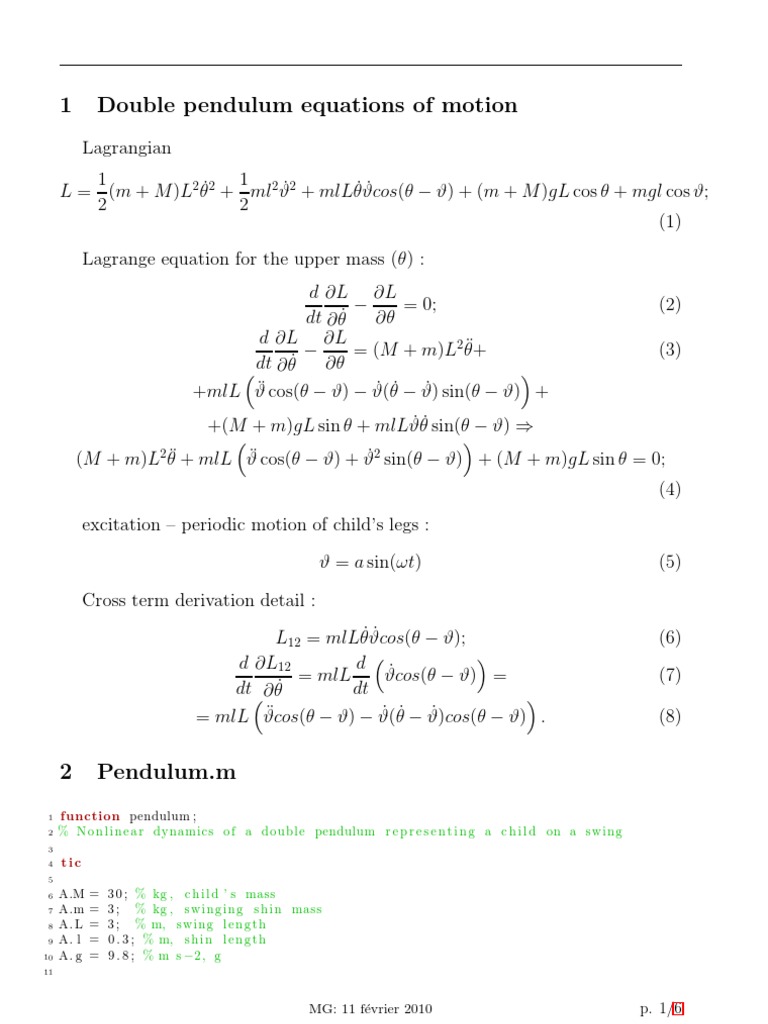 Double Pendulum Motion Equations | PDF