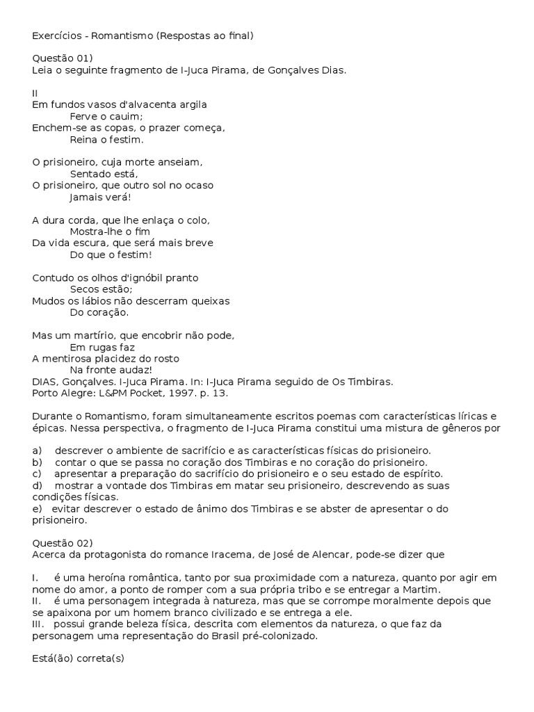 Exercicios Sobre A Primeira Geração Do Romantismo No Brasil