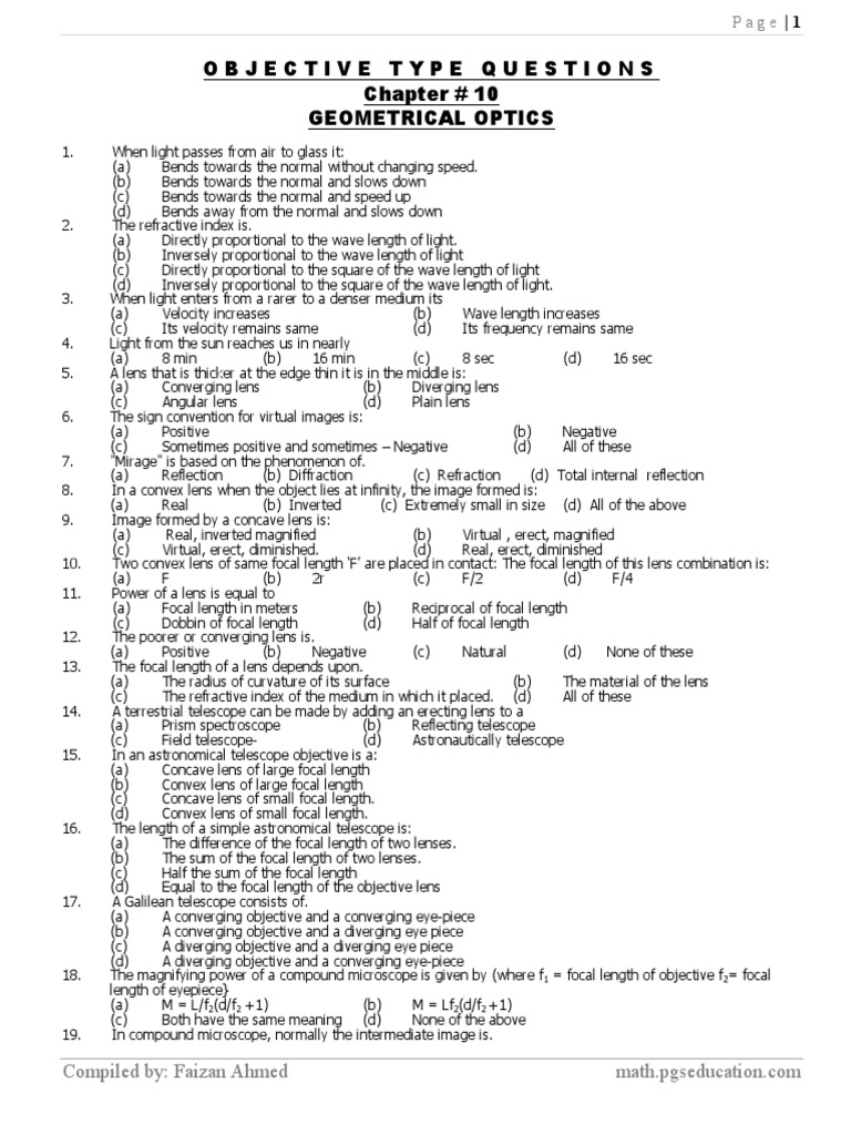 PHYSICS CHAPTER 10 MCQS Lens (Optics) Radiation