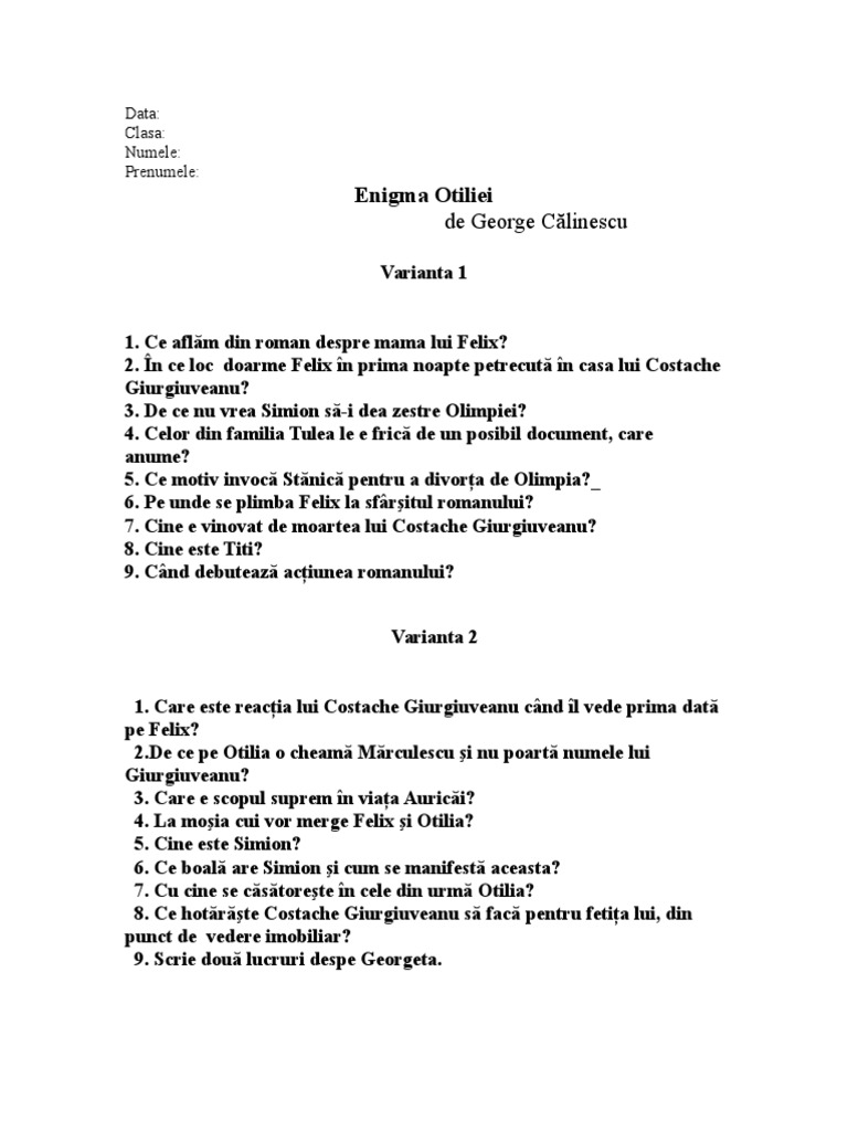 Test Lectura Enigma Otiliei | PDF