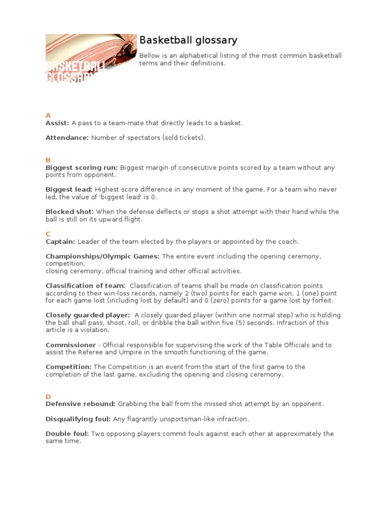 Basketball Glossary PDF Referee Team Sports