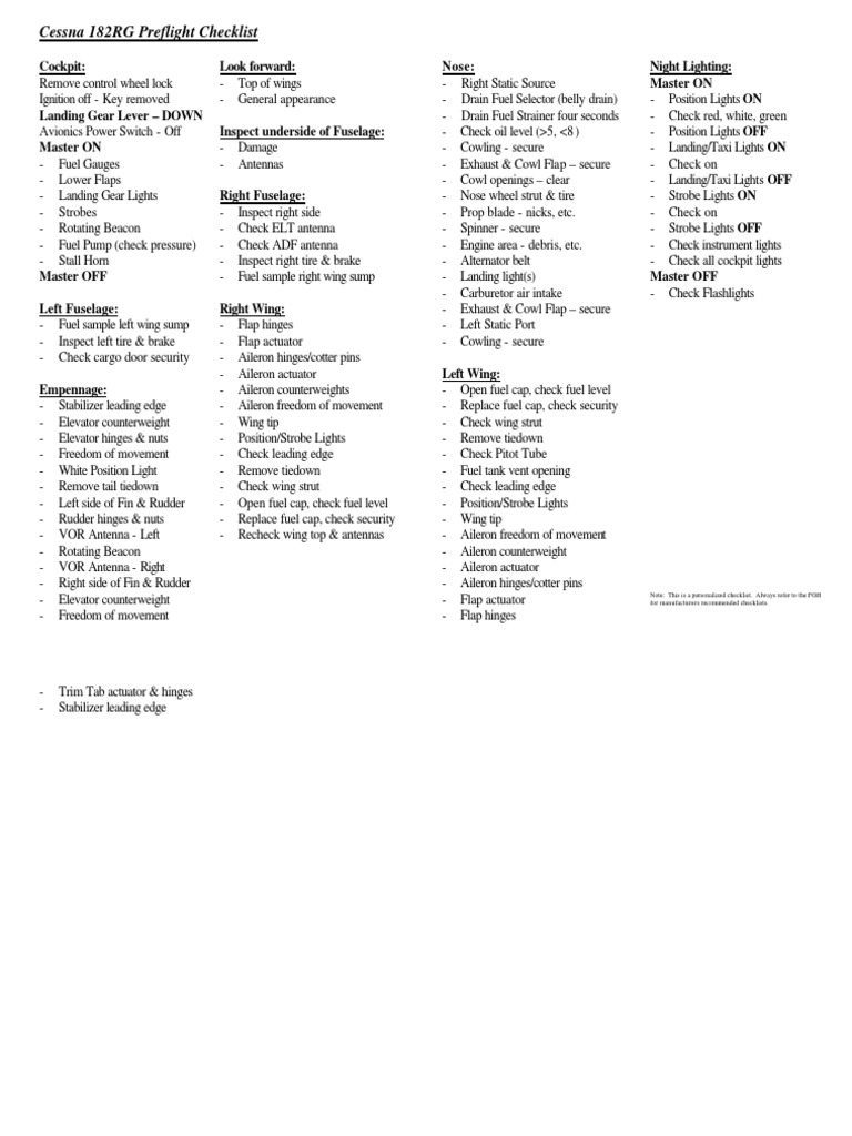 Cessna 182RG Pilot Checklist | PDF | Technology & Engineering