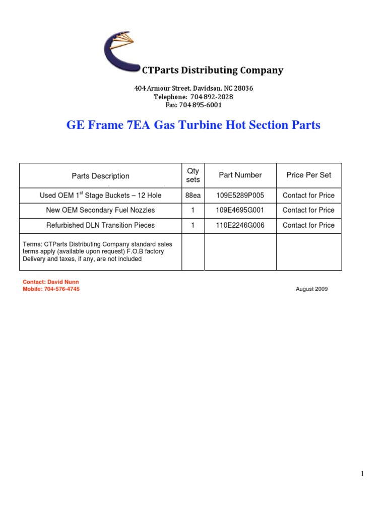 GE Frame 7EA Turbine Parts List | PDF