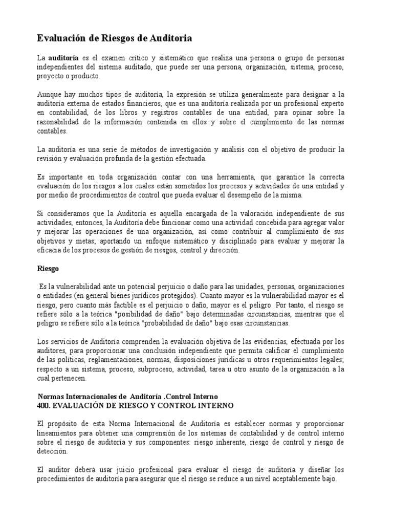 Evaluación de Riesgos en Auditoría | PDF | Auditoría financiera | Contralor
