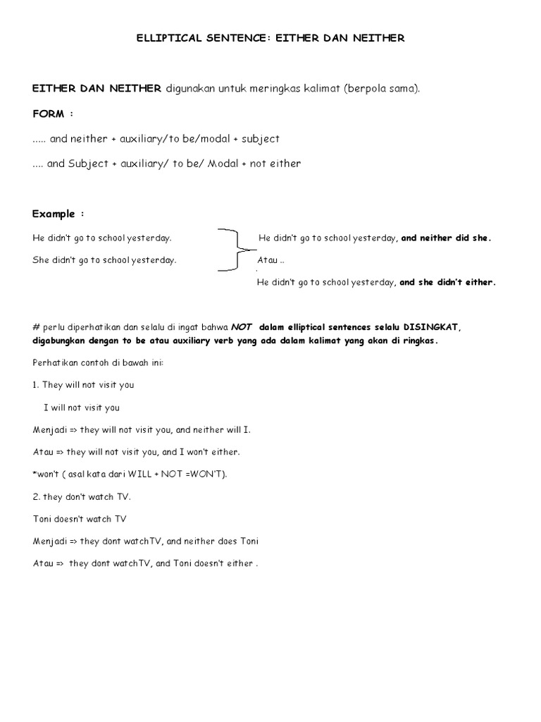 Elliptical Sentences: Either & Neither | PDF