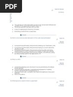 1.  	What does it mean to inherit a class?	  Mark for Review  (1) Points   	 	 	 	 	   	 	 	  The subclass (or child class) gains access to any non-private methods and variables of the superclass (or parent class). (*) 	   	 	 	  The access specifier has been set to private. 	   	 	 	  A way of organizing the hierarchy of classes. 	   	 	 	  Extending a method from a superclass. 	   	 	 	 	 	   	 	 	 	 	 	Correct 	   	 	 	 	 	   	 	2.  	Which is the most accurate description of the code reuse philosophy?	  Mark for Review  (1) Points   	 	 	 	 	   	 	 	  A programming philosophy that promotes stealing your classmates' code. 	   	 	 	  A programming philosophy that promotes having no concern about the security of code. 	   	 	 	  A programming philosophy that promotes protecting data and hiding implementation in order to preserve the integrity of data and methods. 	   	 	 	  A programming philosophy that promotes simpler, more efficient coding by using existing code for new applications