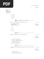 1.  	What is the output of the following lines of code?   int j=7,k=5,m=8,result;  result=j/m*k;  System.out.println(result);	  Mark for Review  (1) Points   	 	 	 	 	   	 	 	  0 (*) 	   	 	 	  4.375 	   	 	 	  0.175 	   	 	 	  280 	   	 	 	 	 	   	 	 	 	 	 	Incorrect. Refer to Section 4 Lesson 3. 	   	 	 	 	 	   	 	2.  	What is the output of the following lines of code?  int j=7,k=5,m=8,result; result=j-k%3*m;  System.out.println(result);	  Mark for Review  (1) Points   	 	 	 	 	   	 	 	  0 	   	 	 	  16 	   	 	 	  2 	   	 	 	  -9 (*) 	   	 	 	 	 	   	 	 	 	 	 	Correct 	   	 	 	 	 	   	 	3.  	Which of the following is not correct Java code?	  Mark for Review  (1) Points   	 	 	 	 	   	 	 	  double x=Math.sqrt(16); 	   	 	 	  double x=Math.pow(3,4)*5.0; 	   	 	 	  double x=Math.PI*5.0; 	   	 	 	  double x=Math.pow; (*) 	   	 	 	 	 	   	 	 	 	 	 	Correct 	   	 	 	 	 	   	 	4.  	Which line of Java code assigns the value of 5 raised to the power of 8 to a?	  Mark for Review  (1) Points   