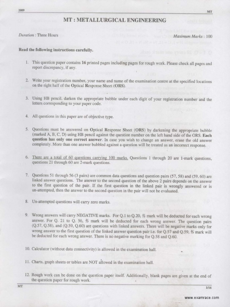 2009 Metallurgical Engineering Exam Paper | PDF | Strength Of Materials ...