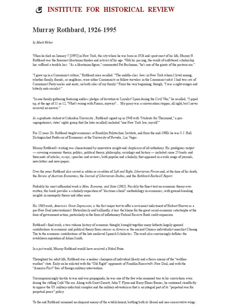 Murray Rothbard 1926 1995 Pdf Pdf Libertarianism Austrian School
