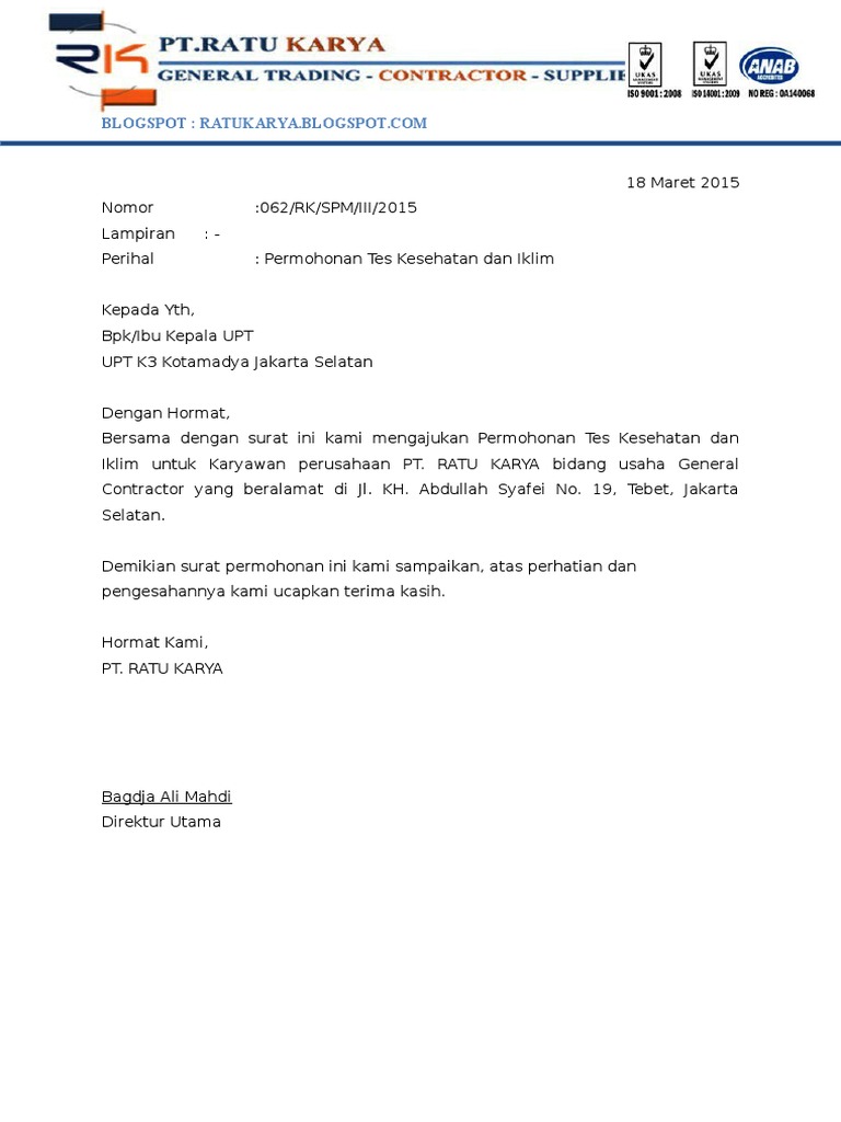 Surat Permohonan Tes Kesehatan | PDF