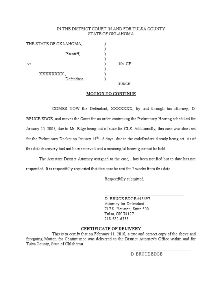 Motion to Continue Hearing in Tulsa Case | PDF