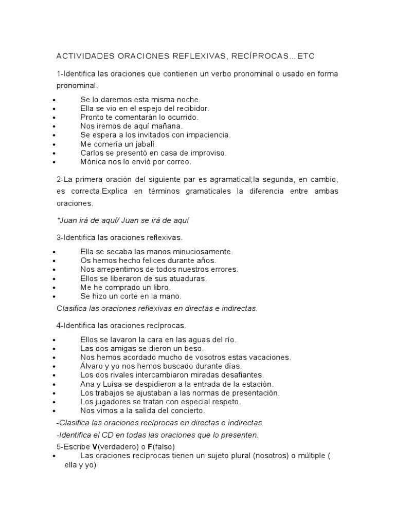 Ejercicio Oraciones Reciprocas y Reflexivas y Pronominales | PDF ...