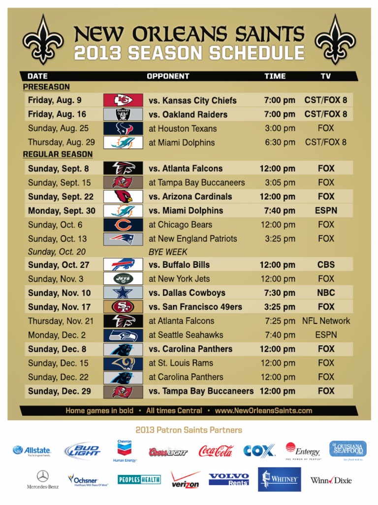 2013 Saints Schedule PDF