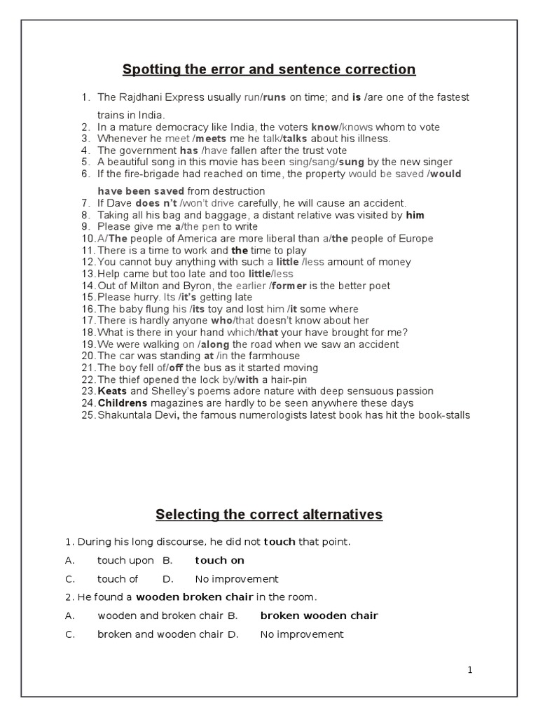 Error Correction and Sentence Improvement Guide | PDF | Language Arts ...