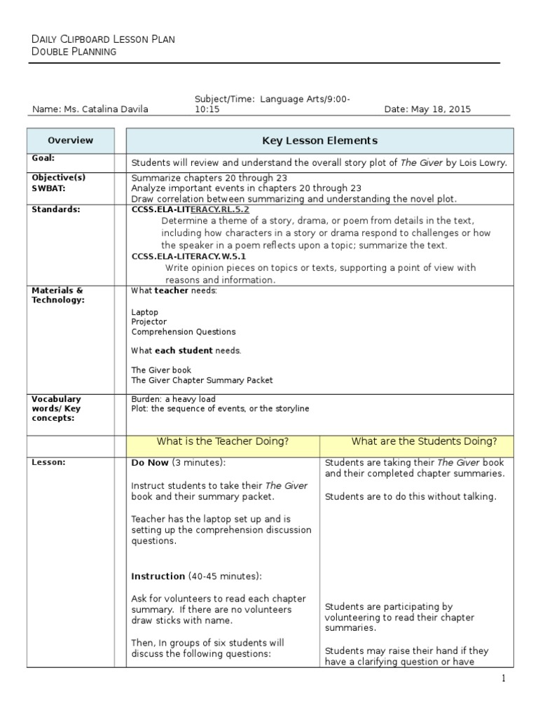 Edtpa lesson plan pdf the giver reading comprehension
