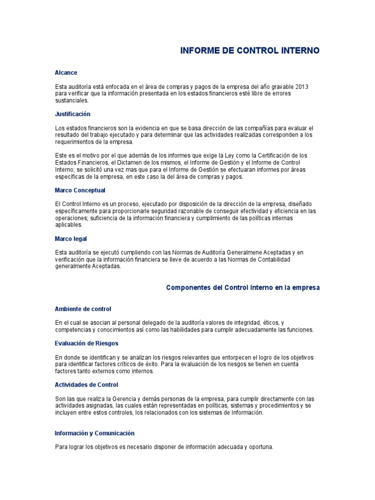 Informe de Control Interno 2013: Compras y Pagos | PDF | Auditoría ...