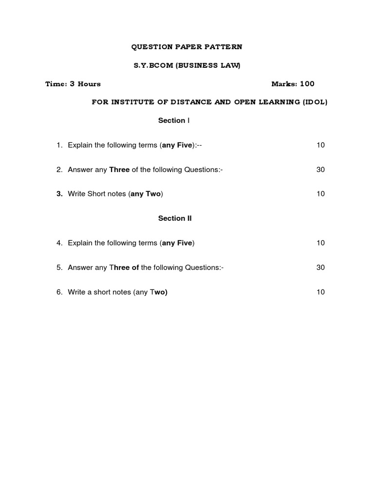 Business Law Exam Question Paper Pattern and Suggested