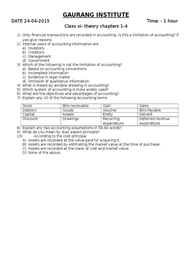 Gaurang Institute: DATE 24-04-2015 Time: - 1 Hour Class Xi-Theory ...