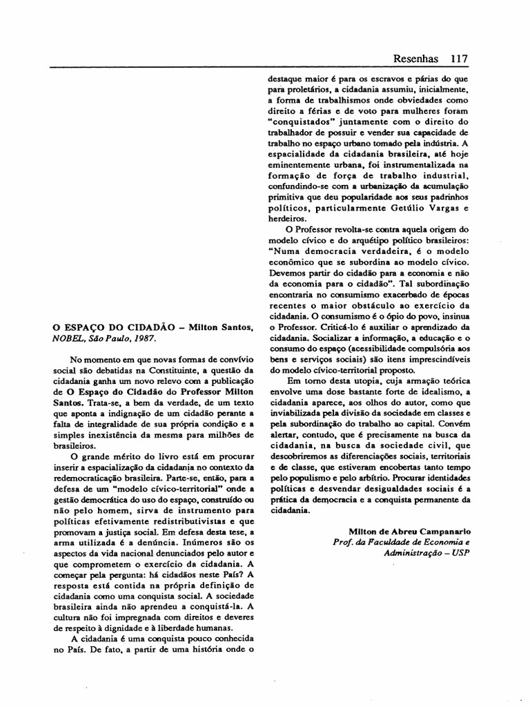 Resenha O Espaço Do Cidadão de Milton Santos | PDF