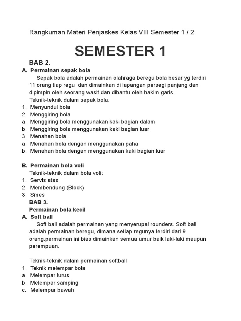 Rangkuman Materi Penjaskes Kelas Viii Semester 1