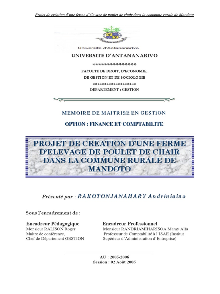 Projet Elevage Poulet De Chair Cameroun Pdf Projet de Création D'une Ferme D'élevage de Poulet de Chair Dans La Commune  Rurale de Mandoto | PDF | Aviculture | Viande